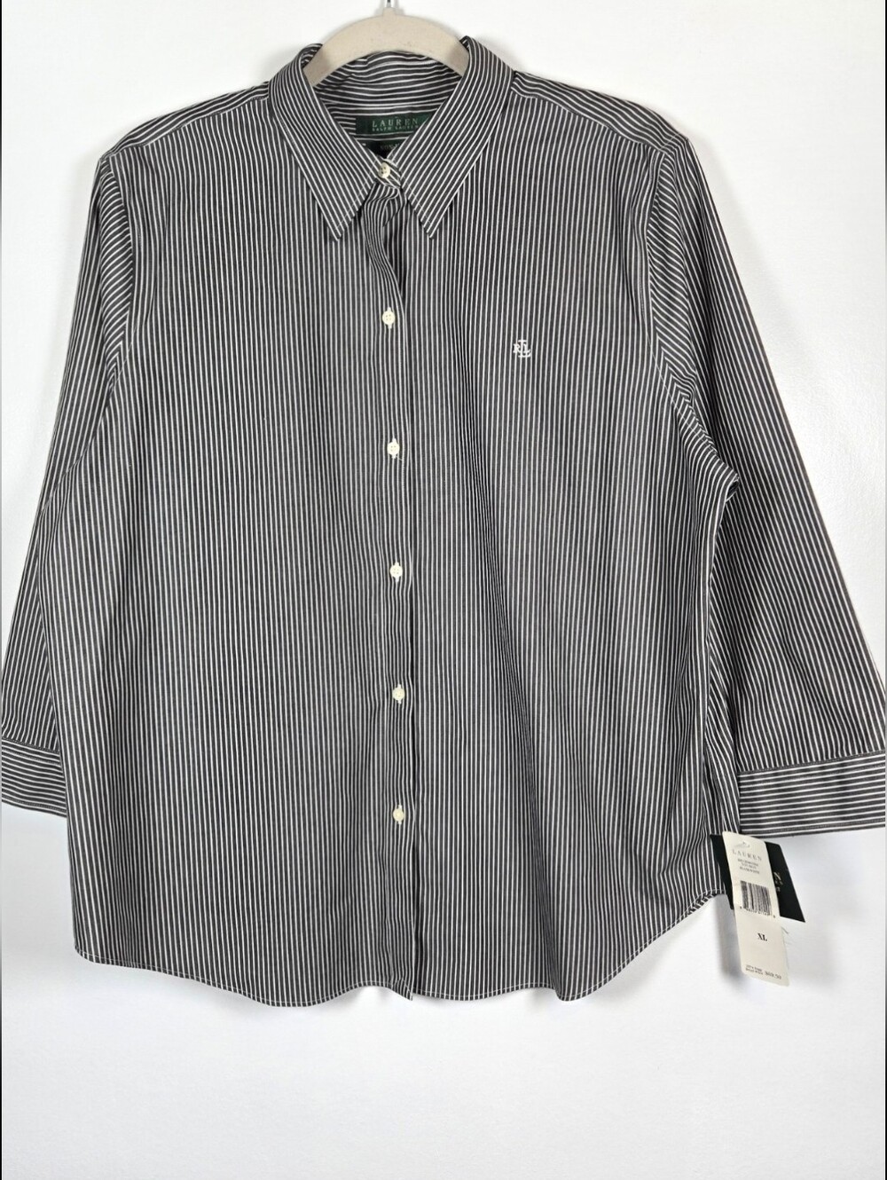 NEW Lauren Ralph Lauren Non-Iron Black White Stripe Cotton Button Up Top XL